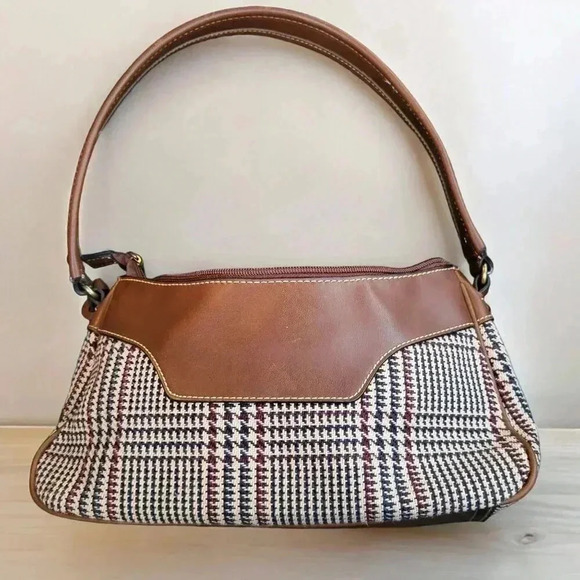 American Living Plaid & Faux Leather Handbag With Zipper Closure & Inner Pocket - Picture 2 of 9